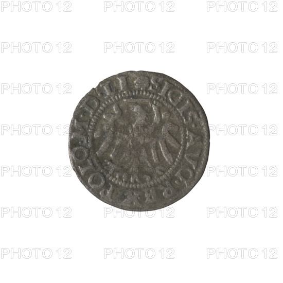 Gdansk szelag, Sigismund II Augustus (King of Poland; 1544–1572). Obv.: Eagle of Royal Prussia; in rim between pearl-shaped borders an inscription: .SIGIS.AVG.REX.POLO.MDLI. Rev.: Coat of arms of Gdansk; in rim between pearl-shaped borders an inscription: .MONE.CIVI.GEDANEN.155. 1550. Gdansk, Poland. Polish coin. Diameter 19.6–19.9 mm. Weight 0.98 g. Coats of arms, Jagiellons (dynasty), eagles, coats of arms of cities.