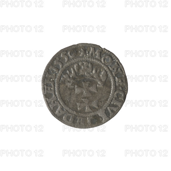 Gdansk szelag, Sigismund II Augustus (King of Poland; 1544–1572). Obverse: Eagle of Royal Prussia, in the rim between pearl-shaped borders an inscription: .SIGIS.AVG.REX.POLO.MDLI. Reverse: Coat of arms of Gdansk, in the rim between pearl-shaped borders an inscription: .MONE.CIVI.GEDANEN.155. Date: 1550. Place: Gdansk, Poland. Medium: coin. Diameter: 19.6–19.9 mm. Weight: 0.98 g. Coats of arms: Jagiellons (dynasty), eagles; motifs include Gdansk (coat of arms) and coats of arms of cities.
