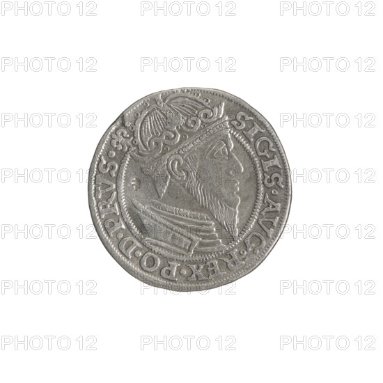 Gdansk trojak, Sigismund II Augustus (King of Poland; 1544–1572). Obverse: Crowned male bust in profile turned right; rim inscription SIGIS.AVG.REX.PO.D.PRVS terminated by a lily. Reverse: Below the value number .III. inscription GROSS.AR/TRIP.CIVI/GEDANEN; below the year .15 - 57. separated by a shield with the coat of arms of Gdansk. 1557. Poland, Gdansk. Coin. Diameter 20.8–21.3 mm; weight 2.4 g. Subjects: Jagiellonians (dynasty), city coats of arms, Gdansk (coat of arms), Polish coins, royal/male busts, inscriptions; iconography of Sigismund II Augustus.