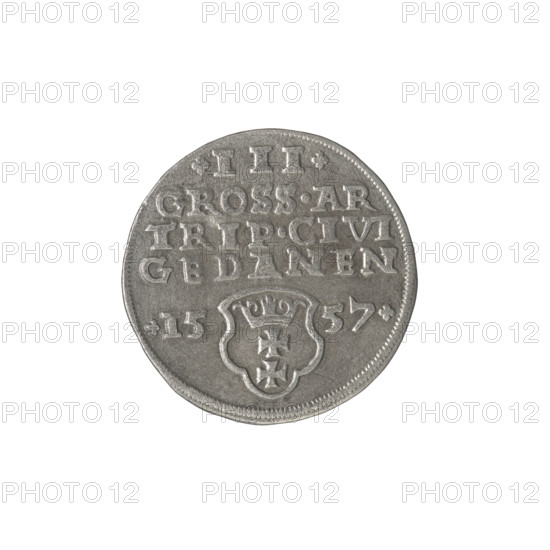 Gdansk trojak, Sigismund II Augustus (King of Poland; 1544–1572). Obv.: Crowned male bust in profile turned right; rim inscription terminating in a lily: SIGIS.AVG.REX.PO.D.PRVS. Rev.: Below the value number .III. inscription: GROSS.AR/TRIP.CIVI/GEDANEN; below the year .15 - 57. separated by a shield with the coat of arms of Gdansk. 1557. Poland, Gdansk. Coin. Diameter 20.8–21.3 mm. Weight 2.4 g. Subjects: Jagiellonians (dynasty), city coats of arms, Gdansk (coat of arms), Polish coins, royal/male busts, inscriptions; Sigismund II Augustus — iconography.