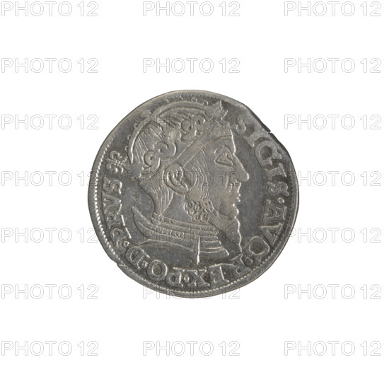 Gdansk trojak, Sigismund II Augustus (King of Poland; 1544–1572). Jagiellonian dynasty. Obverse: Crowned male bust in profile turned right; rim inscription terminating in a lily: SIGIS.AVG.REX.PO.D.PRVS. Reverse: Below the value number .III. inscription: GROSS.AR/TRIP.CIVI/GEDANEN; below the year .15 - 57. separated by a shield with the coat of arms of Gdansk. 1557. Poland, Gdansk. Coin. Diameter 20.6–21.3 mm. Weight 2.48 g.
