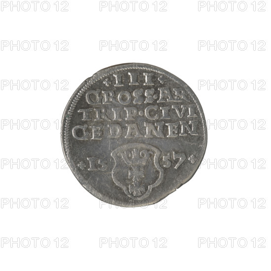 Gdansk trojak, Sigismund II Augustus (King of Poland; 1544–1572). Obv.: Crowned male bust in profile turned right; rim bearing divided inscription terminating in a lily: SIGIS.AVG.REX.PO.D.PRVS. Rev.: Below the value number .III. inscription: GROSS.AR/TRIP.CIVI/GEDANEN; below the year .15-57. separated by a shield with the coat of arms of Gdansk. 1557. Poland, Gdansk. Coin. Diameter 20.6–21.3 mm. Weight 2.48 g. Subjects: Jagiellonians (dynasty); Gdansk (coat of arms); city coats of arms; Polish coins; male busts; inscriptions; Sigismund II Augustus — iconography; royal bust.