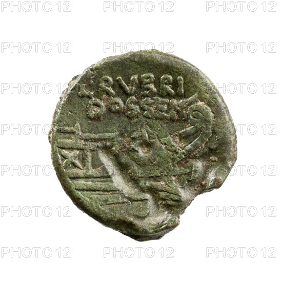 as, Rubrius Dossenus, L. (fl. 87 BC), publisher; wreaths; Janus (mythology); altars; ships; ship's prow; head of Janus. Obv. Head of Janus in laurel wreath; altar in the centre. Rev. Ship's prow at right; inscription L. RVBRI/DOSSEN before I. 87 BC, Roman Republic (505–27 BC), Rome; coin, dia. 27.5 mm, weight 13.60 g, axis 180°.