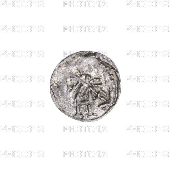 Denarius, Boleslaw III Krzywousty (prince of Poland; 1107–1138). Romanesque coin, ca. 1125–1138, Kraków, Poland. Obverse: in the beaded border, a knight in chain mail thrusting a spearhead into the jaws of an upside-down dragon. Reverse: in the triple beaded border, an isosceles cross topped with balls (one with a dot); between its arms, one ball. Iconography: knight, chain mail, spearhead, spear, dragon, mouths, crosses, equal-armed cross, fight of good against evil, fight against pagans, martyrs, Saint Adalbert. Coin; diameter 12.9–13.3 mm; weight 0.52 g.