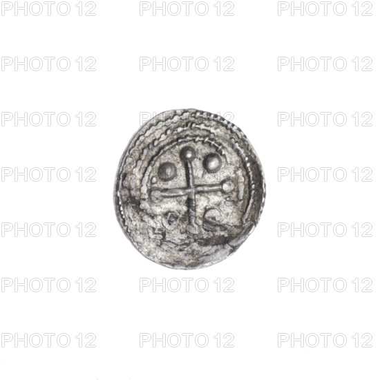 denarius, Boleslaw III Krzywousty (prince of Poland; 1086–1138), allegories, spearhead (issue mark), equal-armed cross (iconographic), crosses, chain mail (iconographic), mouth (iconographic), knight (iconographic), dragons, Romanesque (style), knights, martyrs, dragon (iconographic), mouths, Adalbert (Saint; ca. 956–997), fight of good against evil (iconographic), spear (iconographic), fight against pagans (iconographic), spears, Middle Ages. Obverse: in the beaded border, a knight in chain mail thrusting a spearhead into the jaws of a dragon turned upside down. Reverse: in the triple beaded border, an isosceles cross topped with balls (one of them with a dot); between its arms, one ball. ca. 1125–1138, Kraków, Poland; coin; diameter 12.9–13.3 mm; weight 0.52 g.