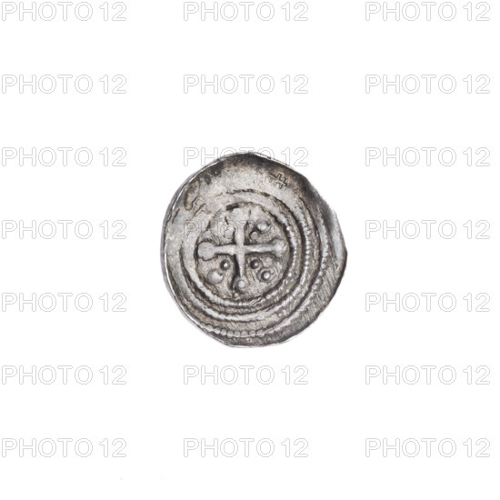Denarius of Boleslaw III Krzywousty (prince of Poland; c. 1086–1138), c. 1125–1138. Obverse: in a beaded border, a knight in chain mail thrusting a spearhead into the jaws of an upside-down dragon. Reverse: in a triple beaded border, an isosceles cross topped with spheres (one with a dot); between its arms radiate two spheres (smaller nearer the center, larger farther out; two with a single dot). Iconography: knight, chain mail, spear, dragon, crosses, martyrs, St. Adalbert; Romanesque style; theme: fight of good against evil / fight against pagans. Coin. Poland, Kraków. Diameter 12.1–12.9 mm; weight 0.38 g.