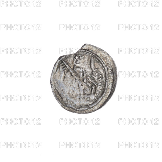 Denarius of Boleslaw III Krzywousty (prince of Poland; ca. 1086–1138), ca. 1125–1138. Obverse: within a beaded border, a knight in chain mail thrusting a spearhead into the jaws of an upside-down dragon. Reverse: within a triple beaded border, an isosceles cross topped with balls. Iconography: knight, chain mail, spear/spearhead, dragon, fight between good and evil, martyrs, Adalbert (St.; ca. 956–997), equal-armed cross; Romanesque style. Coin; Poland, Kraków. Diameter 13.2–14.3 mm; weight 0.41 g.