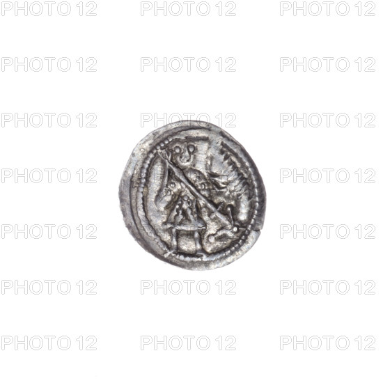 denarius, Boleslaw III Krzywousty (prince of Poland; 1086–1138), allegories, spearhead (issue mark), chain mail (iconographic), mouth (iconographic), martyrs, equal-armed cross (iconographic), crosses, knight (iconographic), Romanesque (style), dragons, knights, dragon (iconographic), mouths, fight between good and evil, Middle Ages, fight against pagans, Adalbert (St.; ca. 956–997), spear, spears. Obv. In the beaded border, a knight in chain mail thrusting a spearhead into the jaws of a dragon turned upside down. Rv. In the triple beaded border, an isosceles cross topped with balls; between its arms, one ball; one arm intersects the other at approx. 1/3 of its length. ca. 1125–1138, Poland, Kraków, coin, diameter 12.8–13.2 mm, weight 0.57 g, very good (preservation condition)