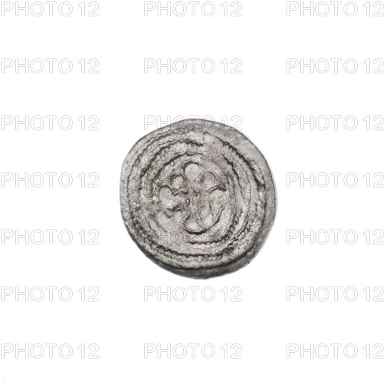 denarius, Boleslaw III Krzywousty (prince of Poland; 1086/1107–1138), equal-armed cross (iconographic), chain mail (iconographic), crosses, allegories, jaws (iconographic), spearhead (issue mark), knight (iconographic), martyrs, Romanesque (style), dragons, knight, dragon (iconographic), Middle Ages, Adalbert (St.; ca. 956–997), the fight between good and evil, a spear, the fight against pagans, spears. Obv.: In the beaded border, a knight in chain mail thrusting a spearhead into the jaws of a dragon turned upside down. Rv.: In the triple beaded border, an isosceles cross topped with balls; between its arms, one ball. ca. 1125–1138. Poland, Kraków. Coin. Diameter 13.4–13.8 mm; weight 0.61 g.