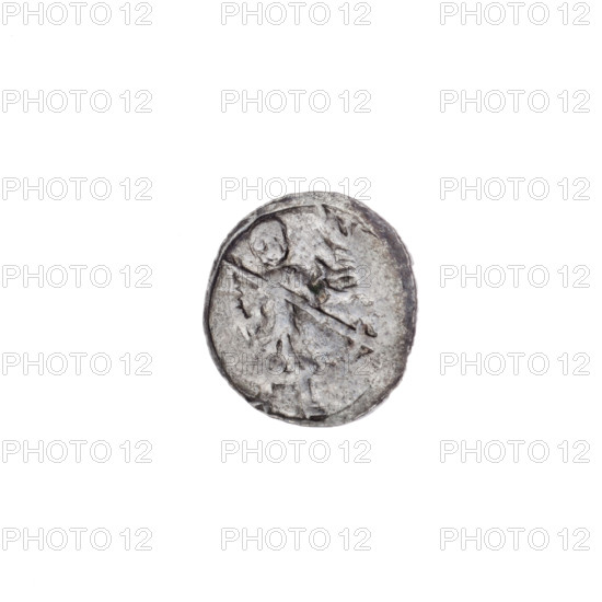 denarius, Boleslaw III Krzywousty (prince of Poland; 1086/1107–1138), allegories, spearhead (issue mark), equal-armed cross (iconographic), chain mail (iconographic), crosses, mouth (iconographic), knight (iconographic), martyrs, Romanesque (style), dragon (iconographic), dragons, mouths, fight of good against evil (iconographic), knights, Middle Ages, fight against pagans, spear, spears, Adalbert (St.; ca. 956–997). Obv. In the beaded border, a knight in chain mail thrusting a spearhead into the jaws of a dragon turned upside down. Rv. In the triple beaded border, an isosceles cross topped with balls; between its arms, one ball. ca. 1125–1138, Poland, Kraków; coin; diameter 12.2–13.0 mm; weight 0.46 g
