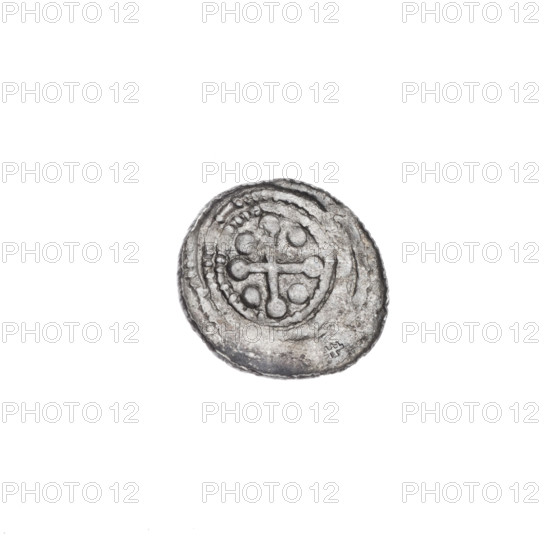 Denarius of Boleslaw III Krzywousty (prince of Poland; reign 1107–1138). Obverse: within a beaded border, a knight in chain mail thrusting a spearhead into the jaws of an upside-down dragon. Reverse: within a triple beaded border, an isosceles cross topped with balls; one ball between its arms. Iconography: spearhead, equal-armed cross, chain mail, crosses, knight, dragon, fight of good against evil, martyrs, fight against pagans; Romanesque style; references St. Adalbert. Date ca. 1125–1138. Poland, Kraków. Coin. Diameter: 12.2–13.0 mm. Weight: 0.46 g.