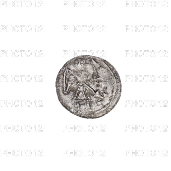 Denarius of Boleslaw III Krzywousty (prince of Poland; ca. 1086–1138), ca. 1125–1138. Obverse (beaded border): a knight in chain mail thrusting a spearhead into the jaws of an upside-down dragon. Reverse (triple beaded border): an isosceles cross topped with balls; a ball between its arms. Iconography: equal-armed cross, spearhead, chainmail, knight, dragon, jaws; themes of martyrs, Adalbert (St., ca. 956–997), fight against pagans, fight between good and evil. Romanesque style. Coin struck in Kraków, Poland. Diameter 12.4–12.7 mm; weight 0.42 g.