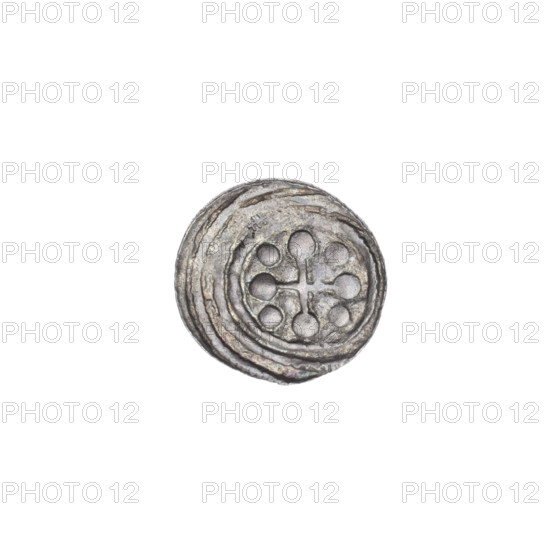 denarius, Boleslaw III Krzywousty (prince of Poland; 1086/1107–1138), allegories, equal-armed cross (iconographic), crosses, spearhead (issue mark), mouth (iconographic), chainmail, martyrs, knight (iconographic), Romanesque (style), knights, chainmail (iconographic), dragons, dragon (iconographic), jaws, Adalbert (St.; ca. 956–997), fight against pagans, spear, Middle Ages, spears, fight between good and evil. Obv. In the beaded border, a knight in chain mail thrusting a spearhead into the jaws of a dragon turned upside down. Rv. In the triple beaded border, an isosceles cross topped with balls; between its arms, one ball. ca. 1125–1138, Poland, Kraków, coin, diameter 12.4–12.7 mm, weight 0.42 g