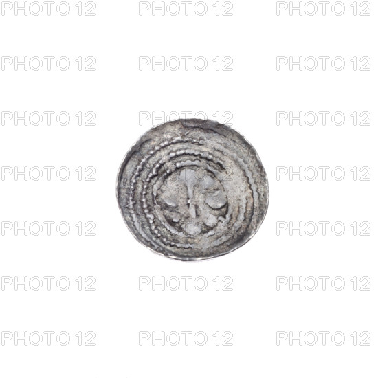 denarius, Boleslaw III Krzywousty (prince of Poland; 1086–1138), allegories, equal-armed cross (iconographic), spearhead (issue mark), chain mail (iconographic), crosses, jaws (iconographic), knight (iconographic), martyrs, Romanesque (style), dragons, dragon (iconographic), Middle Ages, Adalbert (St.; ca. 956–997), fight with pagans, the fight between good and evil, spears, spear. Obv.: In the beaded border, a knight in chain mail thrusting a spearhead into the jaws of a dragon turned upside down. Rv.: In the triple beaded border, an isosceles cross topped with balls; between its arms, one ball. ca. 1125–1138, Kraków, Poland; coin; diameter 13.1–13.4 mm; weight 0.53 g