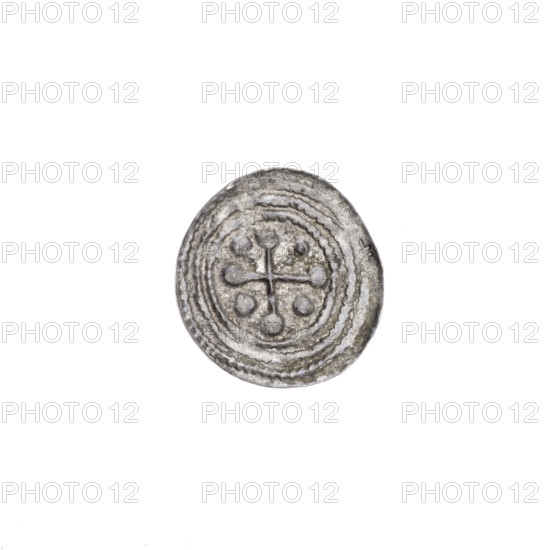 denarius, Boleslaw III Krzywousty (prince of Poland; 1086–1138), allegories, equal-armed cross (iconographic), crosses, spearhead (issue mark), chain mail, mouth (iconographic), chain mail (iconographic), martyrs, knight (iconographic), dragons, Romanesque (style), knights, dragon (iconographic), mouths, Adalbert (St.; ca. 956–997), fight against pagans, fight between good and evil, spear, Middle Ages. Obv. In the beaded border, a knight in chain mail thrusting a spearhead into the jaws of a dragon turned upside down. Rv. In the triple beaded border, an isosceles cross topped with balls. Between its arms, one ball (one of them has a dot). One arm intersects the other at approx. 1/3 of its length. ca. 1125–1138, Kraków, Poland, coin, diameter 13.1 mm, weight 0.45 g
