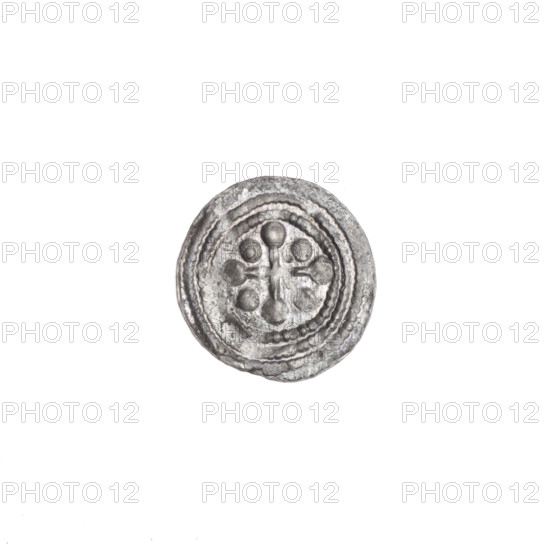 Denarius of Boleslaw III Krzywousty (prince of Poland; ca. 1086–1138), ca. 1125–1138. Obverse: in a beaded border, a knight in chain mail thrusting a spearhead into the jaws of an upside-down dragon. Reverse: in a triple beaded border, an isosceles cross topped with balls; between its arms, two quarters with two radiating balls each (smaller ones closer to the center, larger ones farther), and two quarters with one ball each (one with a dot). Romanesque style; iconography includes equal-armed cross, spearhead (issue mark), chain mail, knight, dragon, mouths, martyrs, Adalbert (St.; ca. 956–997), fight against pagans/fight between good and evil. Coin from Kraków, Poland; diameter 12.0–12.4 mm; weight 0.30 g.