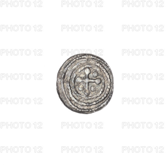 Denarius of Boleslaw III Krzywousty (prince of Poland; ca. 1086–1138). Obverse: in a beaded border, a knight in chain mail thrusting a spearhead into the jaws of an upside-down dragon. Reverse: in a triple beaded border, an isosceles cross topped with balls; at the intersection of the arms a ball, and between them one ball; one arm intersects the other at approx. 1/3 of its length. Iconography: equal-armed cross, spearhead, crosses, chain mail, mouth, knight, dragons, martyrs, Adalbert (St.; ca. 956–997), spear, fight against pagans; Romanesque style; Middle Ages; allegory of the fight of good against evil. Date: ca. 1125–1138. Place: Kraków, Poland. Object: coin (denarius). Diameter: 11.8–12.2 mm. Weight: 0.34 g.
