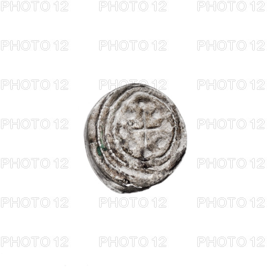 denarius, Boleslaw III Krzywousty (prince of Poland; 1086/1107–1138), allegories, equal-armed cross (iconographic), crosses, chain mail, spearhead (issue mark), mouth (iconographic), martyrs, knight (iconographic), Romanesque (style), knights, dragon (iconographic), dragons, mouths, Middle Ages, Adalbert (St.; ca. 956–997), fight against pagans, spear, fight between good and evil, spears. Obv. In the beaded border, a knight in chain mail thrusting a spearhead into the jaws of an upside-down dragon. Rv. In the triple beaded border, an isosceles cross topped with balls; between its arms, one ball. ca. 1125–1138. Poland, Kraków. Coin. Diameter 12.7–13.5 mm. Weight 0.47 g.