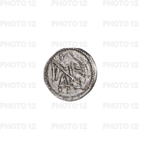 denarius, Boleslaw III Krzywousty (prince of Poland; 1086/1107–1138), allegories, spearhead (issue mark), chain mail (iconographic), crosses, equal-armed cross (iconographic), knight (iconographic), mouth (iconographic), martyrs, Romanesque (style), knights, mouths, dragons, dragon (iconographic), fight against pagans (iconographic), the fight between good and evil (iconographic), spear (iconographic), Adalbert (St.; ca. 956–997), spears, Middle Ages. Obv. In a beaded border, a knight in chain mail thrusting a spearhead into the jaws of a dragon turned upside down. Rv. In a triple beaded border, an isosceles cross topped with balls (one dot on each); between its arms, one ball (one dot on each). ca. 1125–1138, Kraków, Poland; coin; diameter 12.5–13.0 mm; weight 0.32 g.