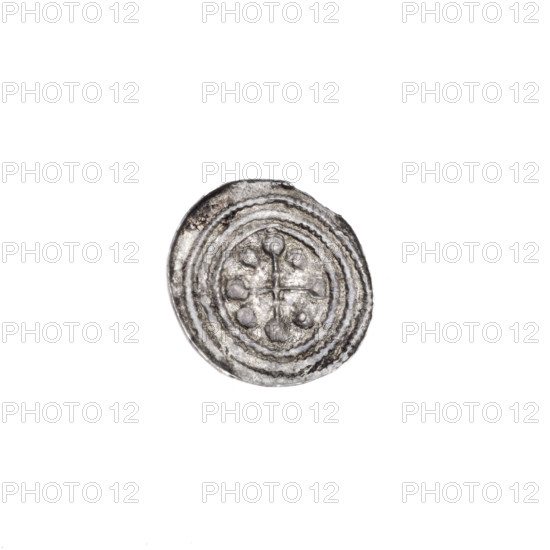 Denarius of Boleslaw III Krzywousty (prince of Poland; ca. 1086–1138). Romanesque coin, ca. 1125–1138, struck in Kraków, Poland. Obverse: in a beaded border, a knight in chain mail thrusting a spearhead into the jaws of an upside-down dragon (iconography: knight, chain mail, spearhead, dragon, fight against pagans/the fight between good and evil, Adalbert/St. Adalbert, martyrs). Reverse: in a triple beaded border, an isosceles cross topped with balls, with a ball between its arms. Diameter 12.5–13.0 mm; weight 0.32 g.