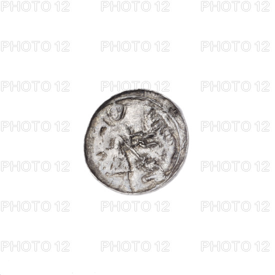 denarius, Boleslaw III Krzywousty (prince of Poland; 1086/1107–1138), allegories, equal-armed cross (iconographic), chain mail (iconographic), spearhead (issue mark), chain mail, crosses, mouth (iconographic), knight (iconographic), martyrs, Romanesque (style), mouths, knights, dragons, dragon (iconographic), fight between good and evil (iconographic), Middle Ages, Adalbert (St.; ca. 956–997), fight against pagans, spear, spears. Obv.: in the beaded border, a knight in chain mail thrusting a spearhead into the jaws of a dragon turned upside down. Rv.: in the triple beaded border, an isosceles cross topped with balls; between its arms, one ball (two of them with one dot). ca. 1125–1138, Poland, Kraków; coin; diameter 12.7–13.1 mm; weight 0.48 g