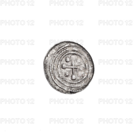 Denarius of Boleslaw III Krzywousty (prince of Poland; ca. 1086–1138), ca. 1125–1138. Obverse (in beaded border): a knight in chain mail thrusting a spearhead into the jaws of an upside-down dragon. Reverse (in triple beaded border): an isosceles cross topped with balls; between its arms one ball (two of them with one dot). Iconography: equal-armed cross, chain mail, spearhead (issue mark), knight, dragon, fight between good and evil, martyrs, St. Adalbert; Romanesque style; theme of fight against pagans. Coin from Kraków, Poland. Diameter 12.7–13.1 mm; weight 0.48 g.