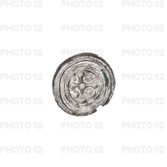 Denarius of Boleslaw III Krzywousty (prince of Poland; c.1086–1138), c. 1125–1138. Obverse: in a beaded border, a knight in chain mail thrusting a spearhead into the upside-down jaws of a dragon. Reverse: in a triple beaded border, an isosceles cross topped with balls; at the intersection of the arms a ball; between the arms three quarters show a single ball and the fourth a dot; one arm intersects the other at approx. 1/3 of its length. Iconography: knight, dragon, spearhead, crosses, chain mail; themes of martyrs, fight between good and evil, fight against pagans, St. Adalbert. Romanesque style. Mint/place: Poland, Kraków. Coin; diameter 12.2–12.8 mm; weight 0.25 g.