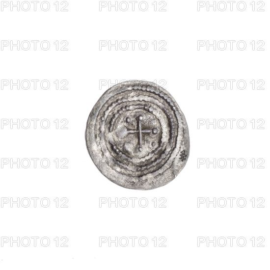 Denarius of Boleslaw III Krzywousty (prince of Poland; ca. 1086–1138), ca. 1125–1138. Obverse: in a beaded border, a knight in chain mail thrusting the tip of a spear into the mouth of an upside-down dragon. Reverse: in a triple beaded border, an isosceles (equal-armed) cross topped with balls (three of them have one dot each; the fourth is worn). One arm intersects the other at approximately one-third of its length. Iconography: equal-armed cross, chain mail, spearhead, mouths, dragon, knight, fight between good and evil, martyrs, St. Wojciech. Romanesque style; theme: fight against pagans. Mint: Kraków, Poland. Coin; diameter 13.0–13.5 mm; weight 0.48 g.