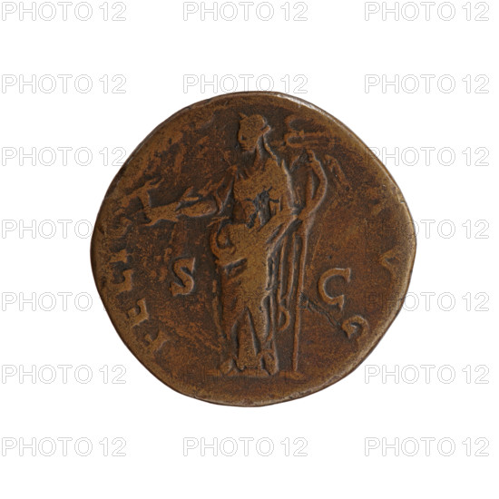 Sestertius of Antoninus Pius (86–161; Roman emperor 138–161). Obverse: head of the emperor in a laurel wreath facing right, legend ANTONINVS AVG PI - VS PP TR P COS IIII. Reverse: Felicitas standing left, holding an ibex in his outstretched right hand and a long winged caduceus in his left, legend FELIC, AS - AVG; control marks S - C in fields. Iconography: caduceus, head of the emperor in a laurel wreath, Felicitas (personification), ibex. Date: 145–161. Type: Roman coin; place: Rome. Material: (coin). Diameter: 30.0–31.0 mm. Weight: 25.3 g. Axis: 195°.
