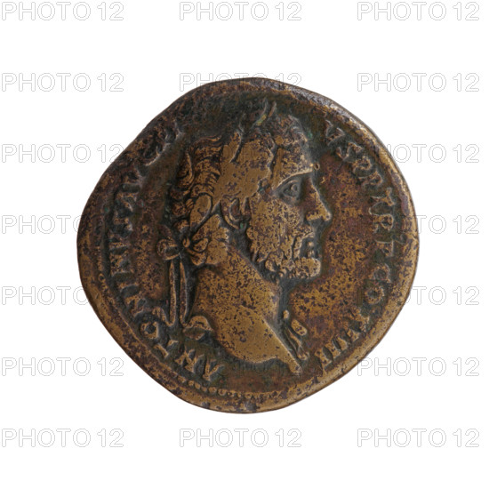 Sestertius, Antoninus Pius (86–161; Roman emperor 138–161), issuer: Antoninus Pius — obverse: head of Antoninus Pius in a laurel wreath, with drapery on the left shoulder, facing right; legend ANTONINVS AVG PI - VS PP TR P COS IIII around; reverse: Felicitas standing left, holding an ibex in his outstretched right hand and a long winged caduceus in his left; legend FELI - CI - TAS AVG around, fields S - C; iconography: ibex, Felicitas (personification), personifications, caduceuses; date: 145–161, Roman Empire; place: Rome; object: coin (sestertius); weight: 29.60 g; diameter: 33.0–33.5 mm; axis: 0°.