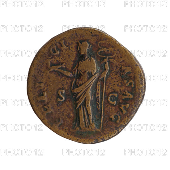 Sestertius, Antoninus Pius (86–161; Roman emperor 138–161), struck 145–161 CE. Obverse: head of Antoninus Pius in a laurel wreath, with drapery on the left shoulder, facing right; legend ANTONINVS AVG PI - VS PP TR P COS IIII. Reverse: Felicitas standing left, holding an ibex in his outstretched right hand and a long winged caduceus in his left; legend FELI - CI - TAS AVG, control marks S - C in fields. Bronze coin; diameter ~33.0–33.5 mm, weight 29.6 g, axis 0°. Roman Empire, Rome.