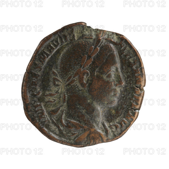 Sestertius of Alexander Severus (Roman emperor, 222–235). Obverse: IMP CAES M AVR ALEXANDER AVG — Bust of Alexander Severus right, laurel wreath, armor and paludamentum, pearl rim. Reverse: PM TR P VII COS II PP — Virtus standing facing left, right foot on a ship's prow, holding a spear in his right hand and a parazonium in his left; SC on both sides, pearl rim. Date: 228. Roman Empire (27 BC–476). Coin; diameter ~28.5–29.5 mm; weight 17.25 g; axis 0°.