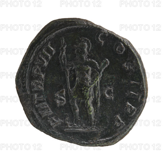 Sestertius, Alexander Severus (Roman emperor; 222–235). Obverse: Bust of Alexander Severus right with laurel wreath and paludamentum, pearl rim; inscription MAVRSEV ALEXANDERAVG. Reverse: Virtus stands turned left, right foot on the prow of a ship, holding a spear in his right hand and a parazonium in his left; letters SC on both sides, pearl rim; inscription PMTRPVII COS II PP. Date: 228. Roman Empire (27 BC–476). Coin; bronze; diameter ~29–32 mm; weight 24.55 g; axis 0°.