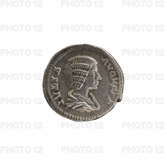 Denarius, Julia Domna (ca. 160–217; Roman empress 193–211); Septimius Severus (Roman emperor; 146–211). Obverse: IVLIA AVGVSTA — bust of Julia facing right, pearl rim. Reverse: CERERI FRVGIF — Ceres seated facing left, holding ears of grain in her right hand and a burning torch in her left, pearl rim. Iconography: Ceres (mythology), ears of corn, torches. Date: 198–209. Roman Empire (27 BC–476), Rome. Coin; weight 3.25 g; diameter ca. 18.5–19.0 mm; axis 0°.
