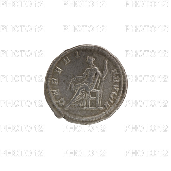 Denarius, Julia Domna (ca. 160–217; Roman empress 193–211), Septimius Severus (Roman emperor; 146–211). Obverse: IVLIA AVGVSTA, bust of Julia facing right, pearl rim. Reverse: CERERI FRVGIF, Ceres seated facing left, holding ears of grain in her right hand and a burning torch in her left, pearl rim. Iconography: Ceres (mythology), ears of corn, torches. Date: 198–209. Roman Empire (27 BC–476), Rome. Coin; diameter 18.5–19.0 mm, weight 3.25 g, axis 0°.