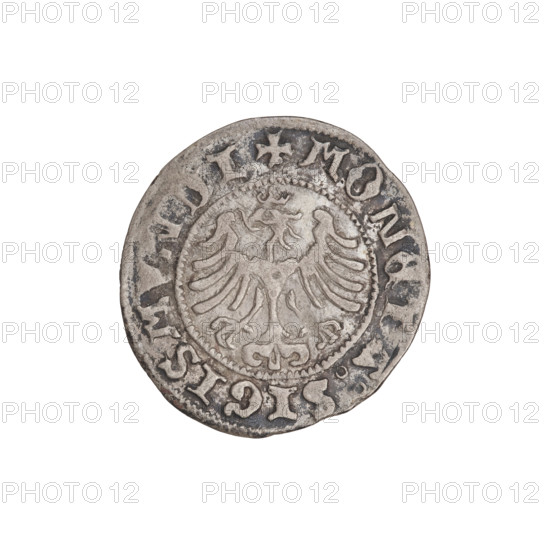 Crown half-grosz, Sigismund I the Old (King of Poland; 1506–1548). Obverse: Polish crowned eagle facing left, talons at the bottom; inscription in the rim. Reverse: crown facing forward; inscription in the rim; dated 1507. Coin, Poland; diameters 18.5 mm and 19.5 mm, weight 0.93 g. Design elements include talons, eagles, crowns, wings.