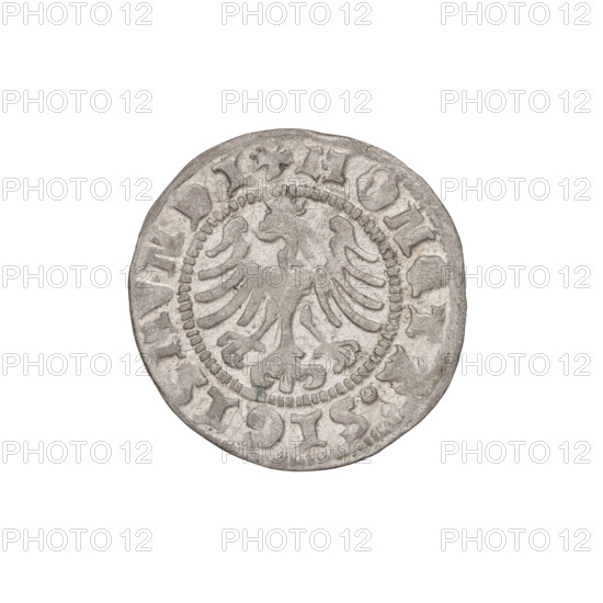 Crown half-grosz, Sigismund I the Old (King of Poland; 1506–1548). Obverse: Polish eagle with crown, head turned left, talons at the bottom; inscription in the rim. Reverse: crown straight ahead; inscription in the rim. 1507. Coin, Poland. Diameter 19.0 mm, weight 0.98 g.