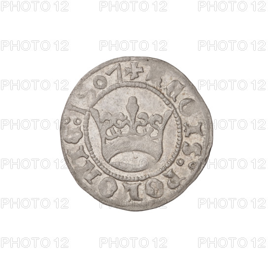 Crown half-grosz, Sigismund I the Old (King of Poland; 1506–1548). Obverse: Polish eagle with crown, head turned left, talons at the bottom; inscription in the rim. Reverse: crown straight ahead; inscription in the rim; dated 1507. Poland; coin; diameter 19.0 mm; weight 0.98 g.