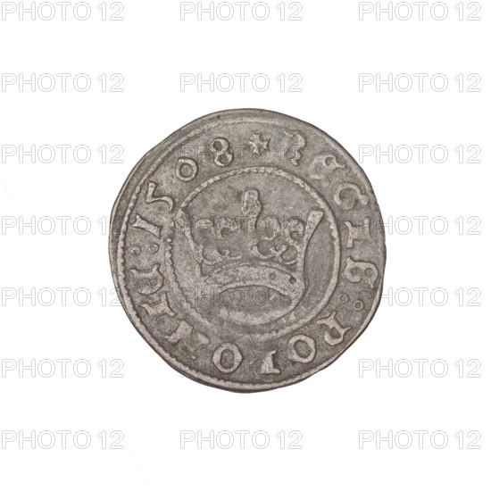 Crown half-grosz, Sigismund I the Old (King of Poland; 1506–1548). Obverse: Polish eagle with crown, head turned left, talons at the bottom; inscription in the rim. Reverse: Crown facing straight ahead; inscription in the rim, dated 1508. Poland; coin; diameter ~18.5–18.8 mm; weight 0.90 g.