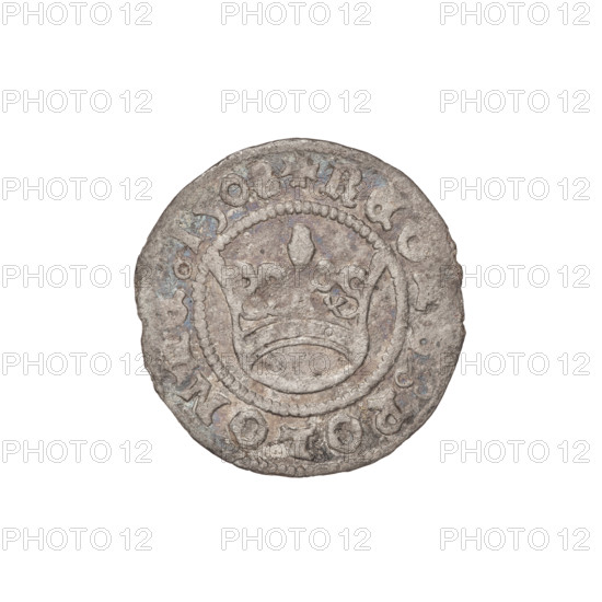 Crown half-grosz of Sigismund I the Old (King of Poland, 1506–1548). Obverse: Polish crowned eagle facing left with talons at the bottom; inscription in the rim. Reverse: Crown facing forward; inscription in the rim. Date: 1508. Material: coin. Diameter: 18.0–18.2 mm. Weight: 0.77 g.