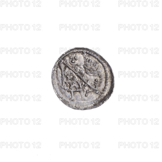 Denarius of Boleslaw III Krzywousty (prince of Poland; ca. 1125–1138). Obverse: in the beaded border, a knight in chain mail thrusting a spearhead into the jaws of an upside-down dragon. Reverse: in the triple beaded border, an isosceles cross topped with balls, a dot at the intersection of the arms, and two radiating balls between the arms (smaller ones closer to the center, larger ones — one with a dot). Iconography: knight, chain mail, spearhead, dragon, equal-armed cross, spears; themes of martyrs, fight between good and evil, fight against pagans; Romanesque style; depiction possibly related to Saint Adalbert. Minting place/date: Poland, Kraków, ca. 1125–1138. Coin type: denarius. Diameter: 13.4–13.8 mm. Weight: 0.75 g. State of preservation: very good.
