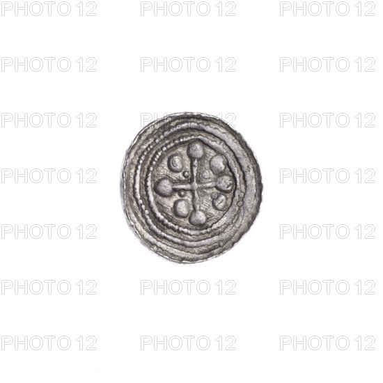 Denarius of Boleslaw III Krzywousty (prince of Poland; ca. 1125–1138). Obverse: in the beaded border, a knight in chain mail thrusting a spearhead into the jaws of an upside-down dragon. Reverse: in the triple beaded border, an isosceles cross topped with balls; a dot at the intersection of the arms; between the arms two radiating balls (smaller ones closer to the center, larger ones—one with a dot). Iconography: knight, chain mail, spearhead/spear, dragon, equal-armed cross, mouths, martyrs, fight between good and evil/fight against pagans, Adalbert (Saint). Romanesque style. Very good state of preservation. Poland, Kraków; coin; diameter 13.4–13.8 mm; weight 0.75 g.