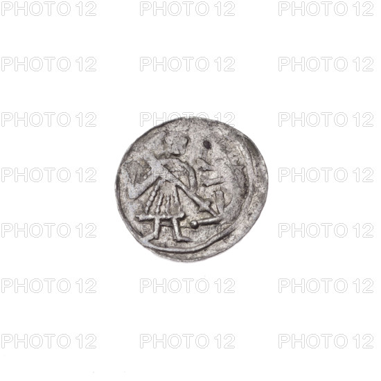 denarius, Boleslaw III Krzywousty (prince of Poland; 1086–1138), allegories, equal-armed cross, crosses, chain mail, spearhead (issue mark), mouth, martyrs, knight, Romanesque (style), dragons, dragon, Adalbert (St.; ca. 956–997), Middle Ages, fight between good and evil, spear, fight against pagans, spears. Av. In the linear border, a knight in chain mail thrusting a spearhead into the jaws of a dragon turned upside down. Rv. In the triple beaded border, an isosceles cross topped with balls. Between its arms, one ball. One arm intersects the other at approximately 1/3 of its length. c. 1125–1138. Poland, Kraków. Coin. Diameter 12.9–13.2 mm. Weight 0.40 g.
