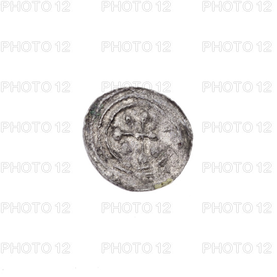 denarius, Boleslaw III Krzywousty (prince of Poland; 1086–1138), allegories, equal-armed cross, crosses, chain mail, spearhead (issue mark), mouth, martyrs, knight, Romanesque (style), dragons, knights, dragon, Adalbert (St.; ca. 956–997), Middle Ages, fight between good and evil, spear, fight against pagans, spears. Av. In the linear border, a knight in chain mail thrusting a spearhead into the jaws of a dragon turned upside down. Rv. In the triple beaded border, an isosceles cross topped with balls; between its arms, one ball. One arm intersects the other at approximately 1/3 of its length. c. 1125–1138. Poland, Kraków. Coin. Diameter 12.9–13.2 mm; weight 0.40 g.