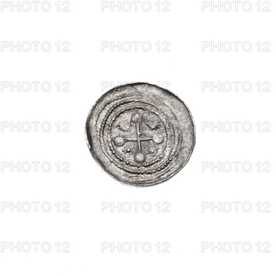 Denarius, Boleslaw III Krzywousty (prince of Poland; 1107–1138). Av.: In a beaded border, a knight in chain mail thrusting a spearhead into the jaws of an upside-down dragon. Rv.: In a triple beaded border, an isosceles cross topped with spheres; between its arms two spheres (one with a dot) and two suns. Allegorical/Romanesque style imagery: equal-armed cross, spearhead (issue mark), chain mail, martyrs, knight, dragons, fight against pagans, fight between good and evil, Adalbert (Saint; ca. 956–997), spears. c. 1125–1138. Poland, Kraków. Coin. Diameter 12.8–13.1 mm. Weight 0.60 g.