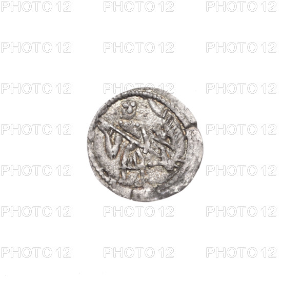 denarius, Boleslaw III Krzywousty (prince of Poland; 1086–1138), Romanesque style, ca. 1125–1138, Kraków, Poland; coin; diameter 13.3–13.6 mm; weight 0.52 g. Obverse: in the beaded border, a knight in chain mail thrusting a spearhead into the jaws of an upside-down dragon. Reverse: in the triple beaded border, an isosceles cross topped with spheres (one with a dot); between its arms, one sphere each with a dot. Subjects/attributes: allegories, equal-armed cross, spearhead (issue mark), chain mail, crosses, mouth, martyrs, mouths, knight, dragons, dragon, knights, fight between good and evil, Middle Ages, fight against pagans, Adalbert (Saint; ca. 956–997), spears, spear.