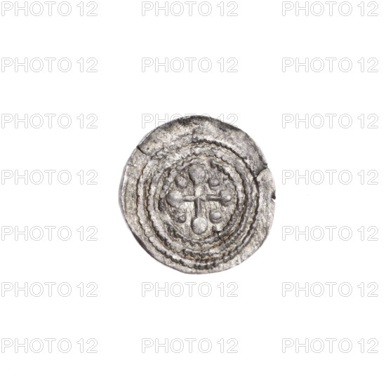 Denarius of Boleslaw III Krzywousty (prince of Poland; 1086–1138), ca. 1125–1138. Obverse: within a beaded border, a knight in chain mail thrusting a spearhead into the jaws of an upside-down dragon. Reverse: within a triple beaded border, an isosceles cross topped with spheres (one with a dot); between its arms, one sphere each with a dot. Imagery: knights, chain mail, spears, dragons; allegorical fight between good and evil, fight against pagans; Romanesque style; references to martyrs and Saint Adalbert. Coin; diameter 13.3–13.6 mm; weight 0.52 g.