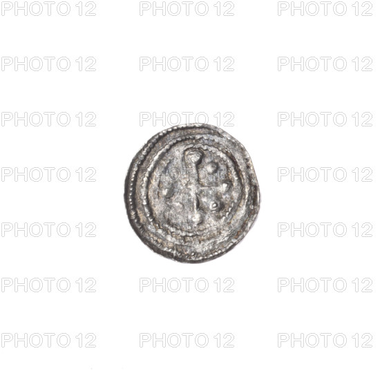 denarius, Boleslaw III Krzywousty (prince of Poland; 1107–1138), allegories, Boleslaw III Krzywousty (prince of Poland; 1086–1138), spearhead (issue mark), equal-armed cross, chain mail, crosses, mouth, martyrs, knight, Romanesque (style), mouths, dragons, chain mail, knights, dragon, Middle Ages, fight between good and evil, Adalbert (St.; ca. 956–997), fight against pagans, spear, spears. Obverse: in the beaded border, a knight in chain mail thrusting a spearhead into the jaws of an upside-down dragon; a sun under the knight's right elbow. Reverse: in the triple beaded border, an isosceles cross topped with spheres (one dot on each); at the intersection of the arms, a sphere; between them, one sphere (two of them have one dot; blurring prevents observation of others). c. 1125–1138, Poland, Kraków, coin, diameter 11.8–12.2 mm, weight 0.42 g