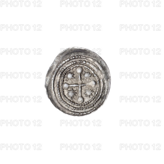 Denarius of Boleslaw III Krzywousty (prince of Poland; reign 1107–1138). Obverse: within a beaded border, a knight in chain mail thrusting a spearhead into the jaws of an upside-down dragon (scene evoking Adalbert, fight between good and evil, fight against pagans). Reverse: within a triple beaded border, an isosceles cross topped with spheres (two spheres with one dot each); a sun between the arms. Romanesque style, allegorical imagery of knights, martyrs, dragons; issue mark: spearhead. ca. 1125–1138, Poland (Kraków). Coin; diameter 12.7–13.1 mm; weight 0.56 g. Very good state of preservation.
