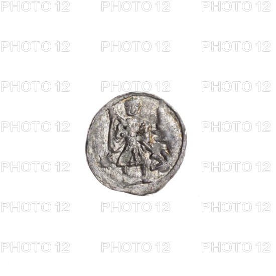 Denarius, Boleslaw III Krzywousty (prince of Poland; 1086–1138). Obverse: in the beaded border, a knight in chain mail thrusting a spearhead into the jaws of an upside-down dragon; a sun beneath the knight's right elbow. Reverse: in the triple beaded border, an isosceles cross topped with balls; at the intersection of the arms a ball; between the arms one ball (with a dot on each); one arm intersects the other at approximately one-third of its length. Allegorical Romanesque style; imagery includes knight, dragons, fight between good and evil, martyrs, spears, Adalbert (Saint; ca. 956–997). Issue mark: spearhead. Date c. 1125–1138. Poland, Kraków. Coin. Diameter 12.1–12.6 mm; weight 0.35 g.